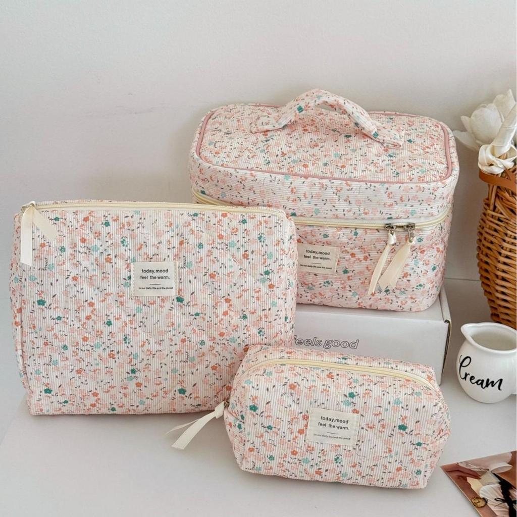 Spring Floral Corduroy Makeup Bag - Versatile Travel Storage
