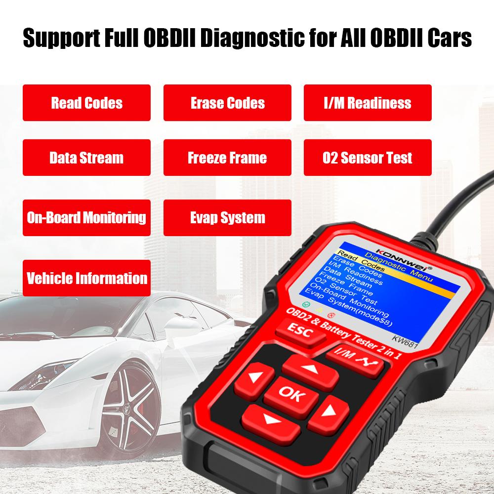 2025 KONNWEI KW681 Профессиональный автомобильный OBD2 сканер Автомобильные диагностические инструменты 6В12В 2 в 1 Автомобильный Мотоциклетный OBD2 Тестер аккумулятора Инструменты