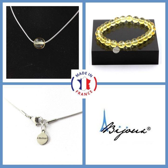 Pierres et Minéraux. Parure bijoux Bracelet Collier 1 Perle Citrine 8 mm. Chaine en acier Taille personnalisable.