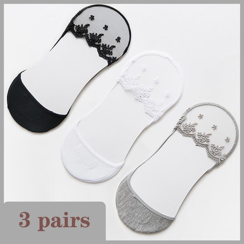 1/3 Pairs Summer Women Invisible Silicone Socks Summer Low Cut Liner Ankle Sock Ladies Lace Flower Soft Casual No Show Non-skid Boat Socks
