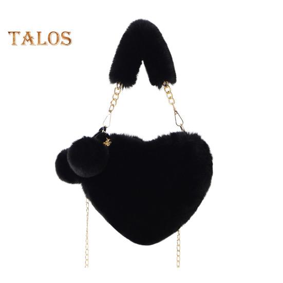 Женская сумка через плечо, однотонная, с пушистым искусственным мехом, в форме сердца, с застежкой-молнией на полой цепочке, женская зимняя сумка для путешествий, поездок на работу, свиданий