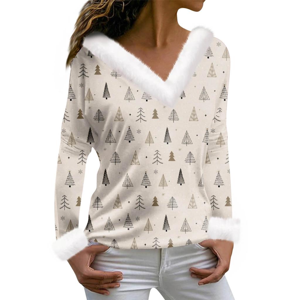 Женская футболка с рождественским принтом, футболка с длинным рукавом, флисовый воротник, топ с V-образным вырезом