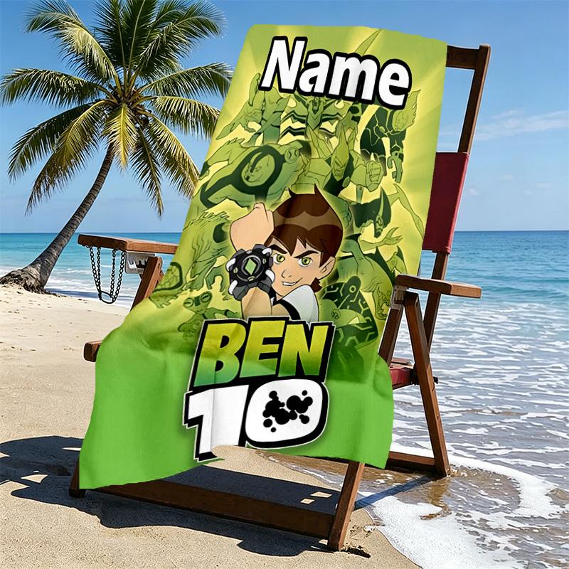 Custom Name Personalized Ben 10 Cartoon Print Beach Towel, for Trip Camping Beach Party Home Decor, Birthday Gift for Family & Friends