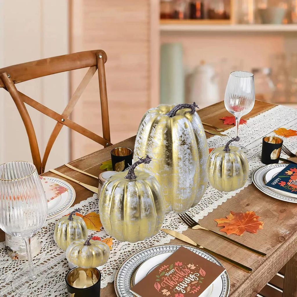 Набор из 7 золотых пенопластовых реалистичных украшений из тыквы для осени, Дня благодарения, Хэллоуина, осеннего домашнего декора разных размеров