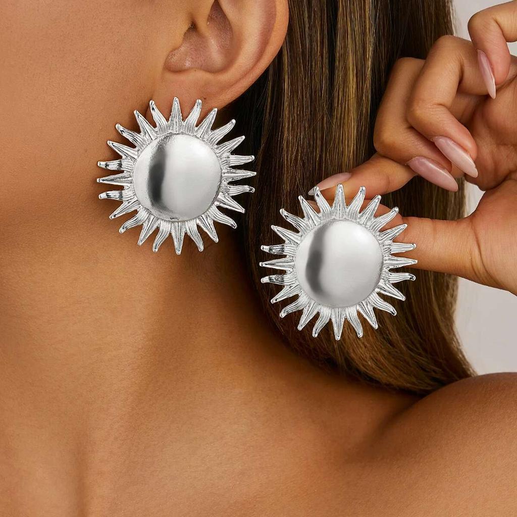 PuRui Punk Big Sunflower Studs Earrings Women Trendy Smooth Geometry Piercing Simple Earrings Summer Vacation Zircon Gift New