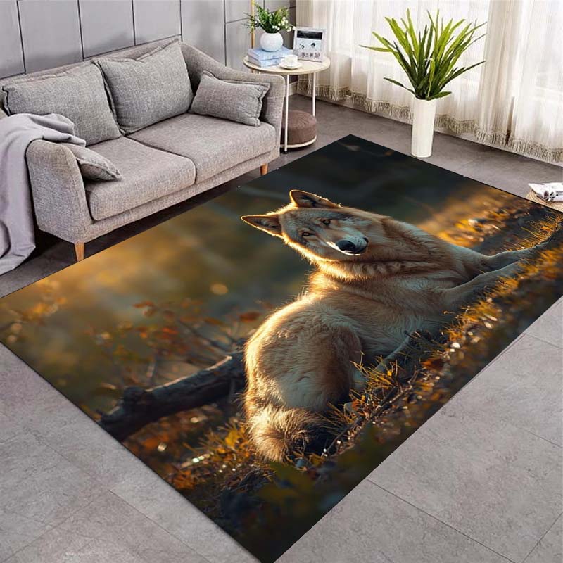 Wild Wolf Sunset Print Area Rug, Animal‑Themed Non‑Slip Carpet for Living Room Bedroom Home Decor