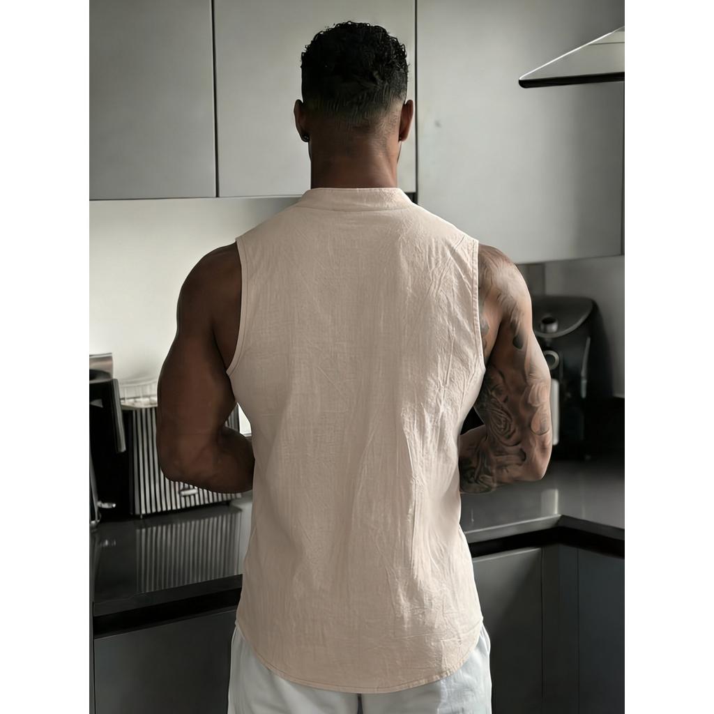 Men's Fashion Casual Linen Sleeveless Henry Shirt - Summer Outdoor Traveling Leisure Vest