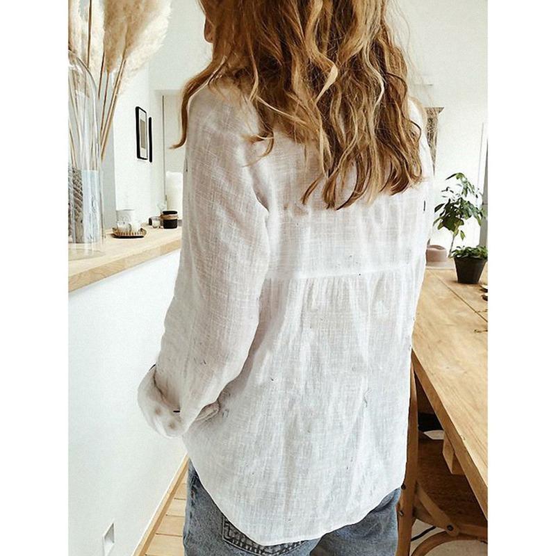 Turn Down Collar Long Sleeve Buttoned Cotton Shirts Women Solid Color Loose Plus Size Tops White Blue Blouse