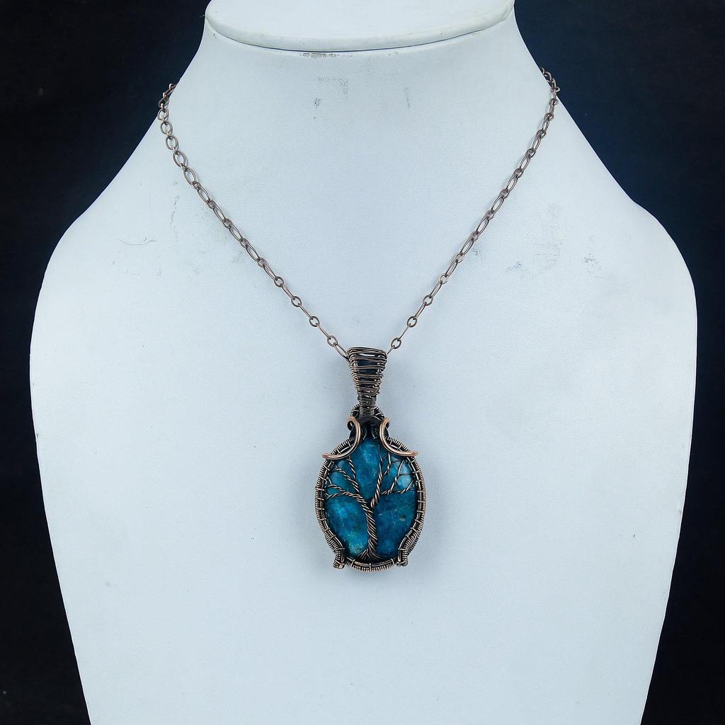 Подвеска с драгоценным камнем апатит неоново-синего цвета, ювелирное изделие, обернутое медной проволокой 999 пробы, винтажная подвеска ручной работы, подарок для матери