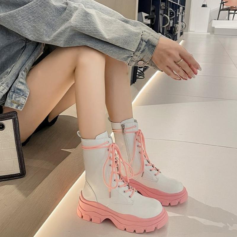 Модные сапоги средней длины в европейском и американском стиле, новые осенние сапоги 2024 года, цветные, со шнуровкой, на толстой подошве, женские сапоги средней длины Zapatos
