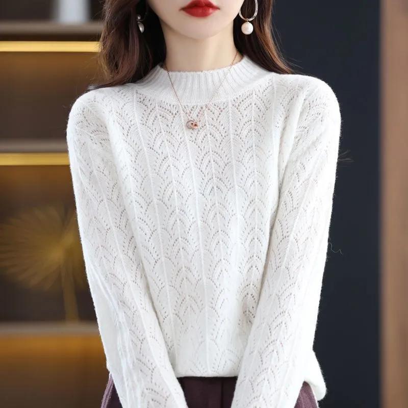 Spring Autumn Mock-neck Pullover Sweater for Women Hollow Out Knitwear Jumpers Female Pull Femme Top