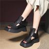 Square Toed Thick Soled Women's Sandals Genuine Leather Retro Peep Toe Hollow-out Boots