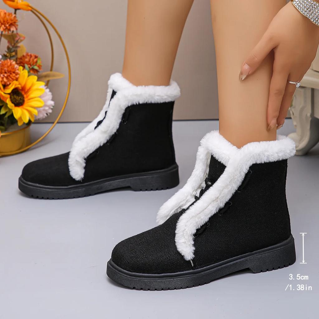 Fashion Autumn and Winter Thick Snow Boots with Velvet New Fashionable Women's Fury Short Style Tie Up Warm Non-slip Winter Boots