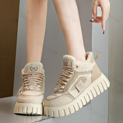 Женские ретро теплые мохнатые высокие кеды на толстой подошве, зимние, универсальные, плюшевые, удобные, массивные хлопковые кроссовки