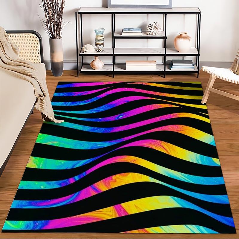 Colorful Abstract Wave Design Carpet with Vibrant Rainbow Stripes Suitable for use as an anti-slip for living room bedroom sofas