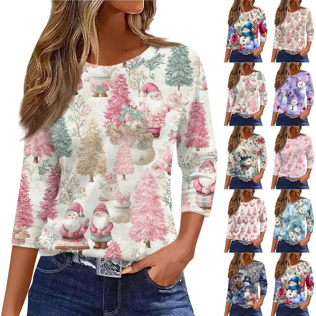3/4 Length Sleeve Womens Tops Floral Print Vintage Fashion Casual Loose With Round Neck Plus Size Shirts