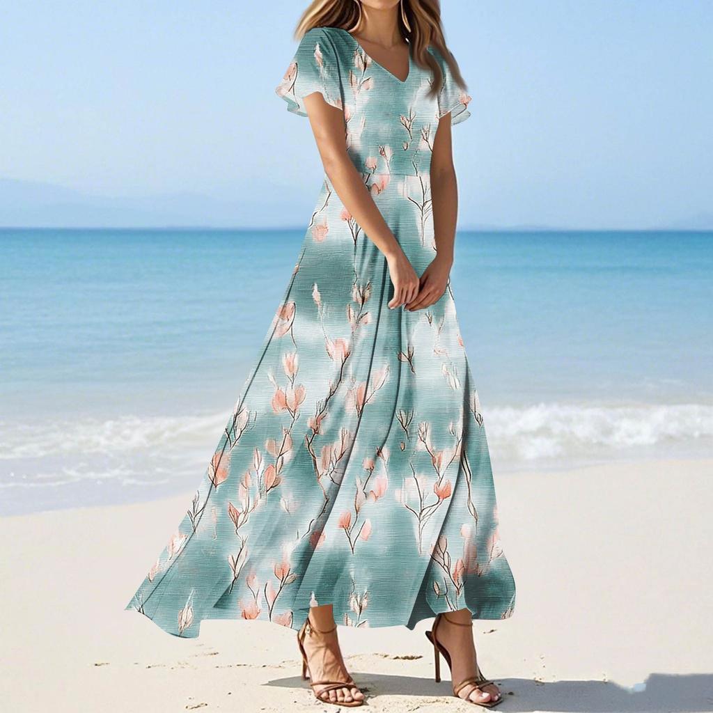 Women's Casual Fashion Print Long Dresses V-Neck Short Sleeve Dresses