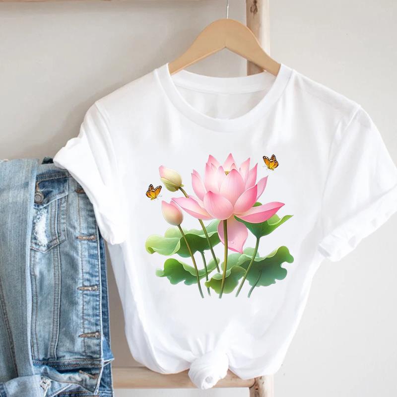 (Asian Size) Short Sleeve T Shirt Watercolor Flower Style 90s Fashion Women Casual Tee Top Clothing Print Ladies Female Graphic T-shirts