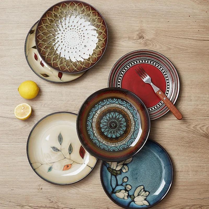 Простая керамическая тарелка в скандинавском стиле с резьбой и косточками, домашнее блюдо, тарелка для стейка, темно-зеленая тарелка для салата, диск