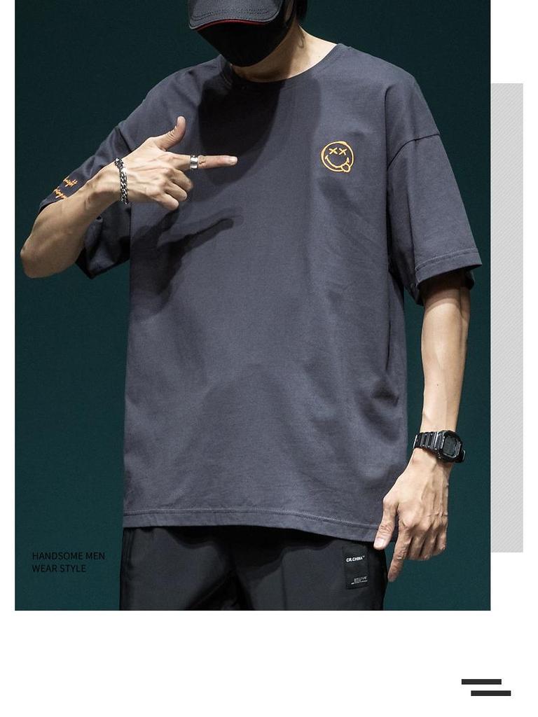 Мужская летняя футболка больших размеров 2024 с вышивкой в виде смайлика, с коротким рукавом, повседневная, из хлопка