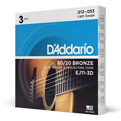Бронзовые струны для акустической гитары D'Addario, 80/20 Light, .012-.053, EJ11-3D, 3 упаковки