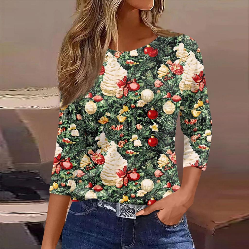 Women's T Shirt Christmas Print 3/4 Sleeve Daily Weekend Fashion Basic Round Neck Regular Top