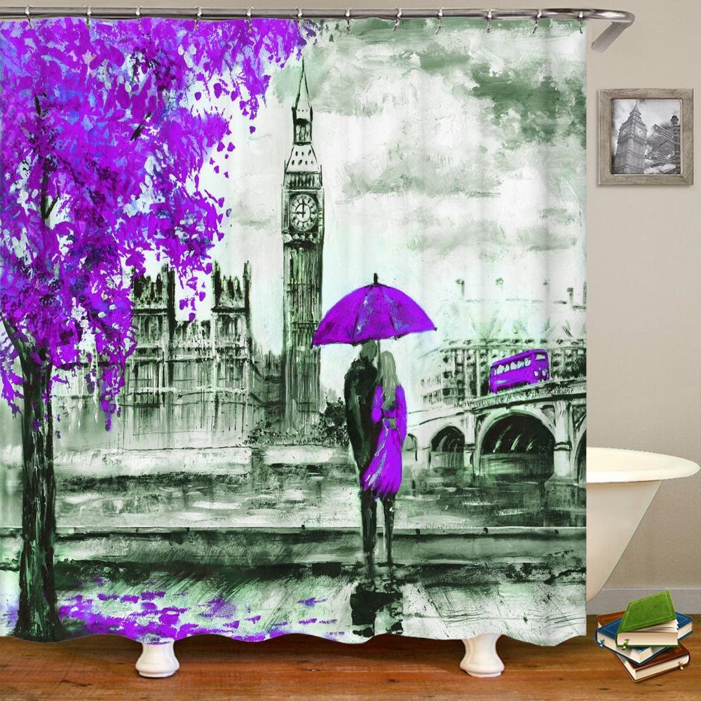 Nordic Style Landscape Paris Tower Fabric Shower Curtain Bathroom Curtains Waterproof Polyester Bath Screen with 12 Hooks