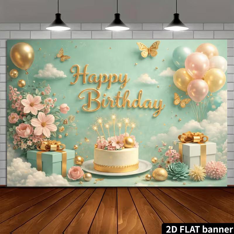 2D Mint Green Gold Butterfly & Cake Happy Birthday Backdrop Banner Photo Booth