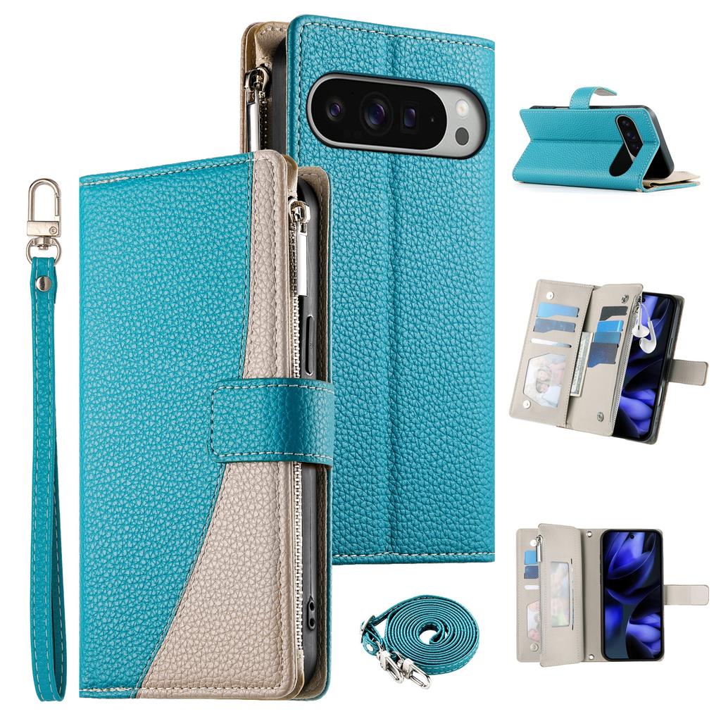 For Google Pixel 10 Pro XL/Pixel 9 Pro XL Case Zipper Wallet Color Splicing Leather Flip Phone Cover with Straps