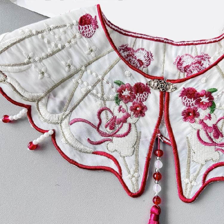 Китайские жемчужные кисточки Ложный воротник Винтажная вышивка Кролик Цветок Шаль Шарф