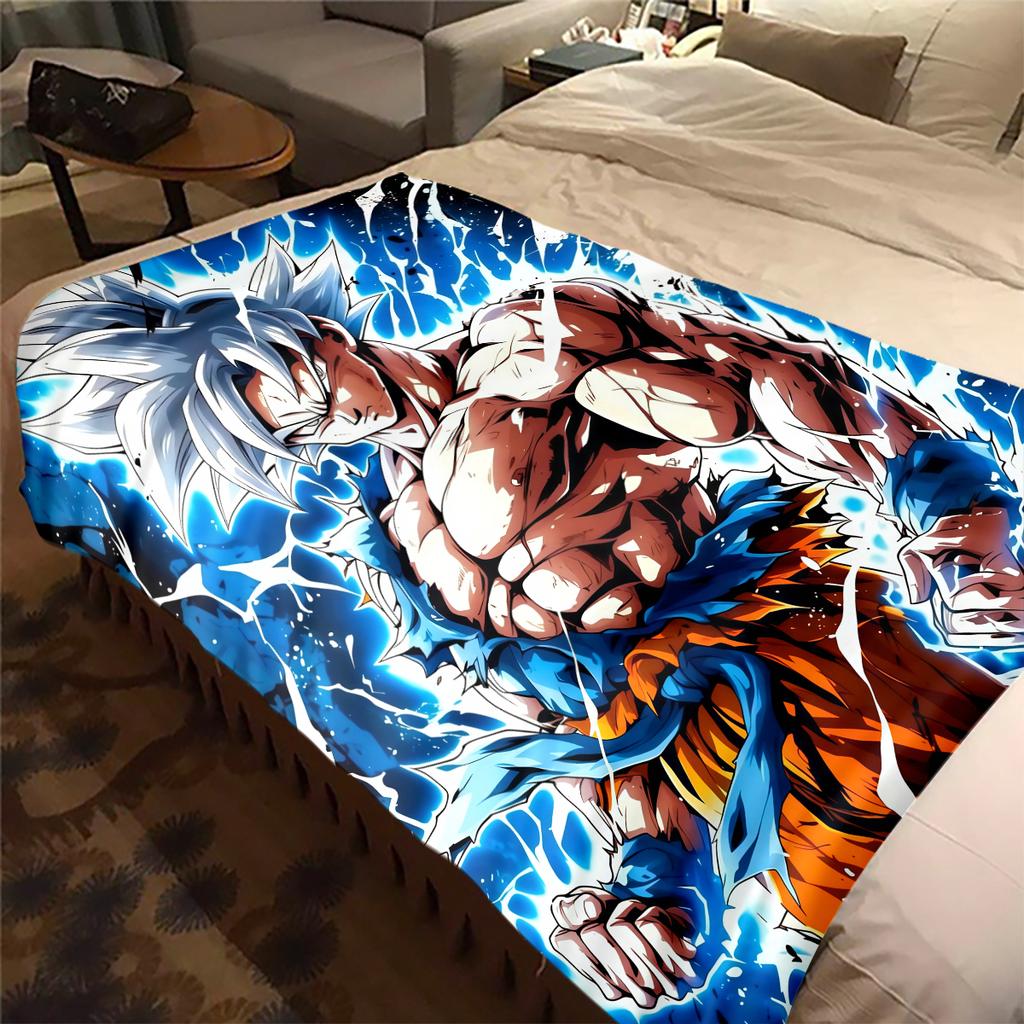 1PC Cartoon Son Goku Print Flannel Blanket, High quality All Seasons, Home Decor, Warmth and Comfort, Perfect for Christmas Gifts