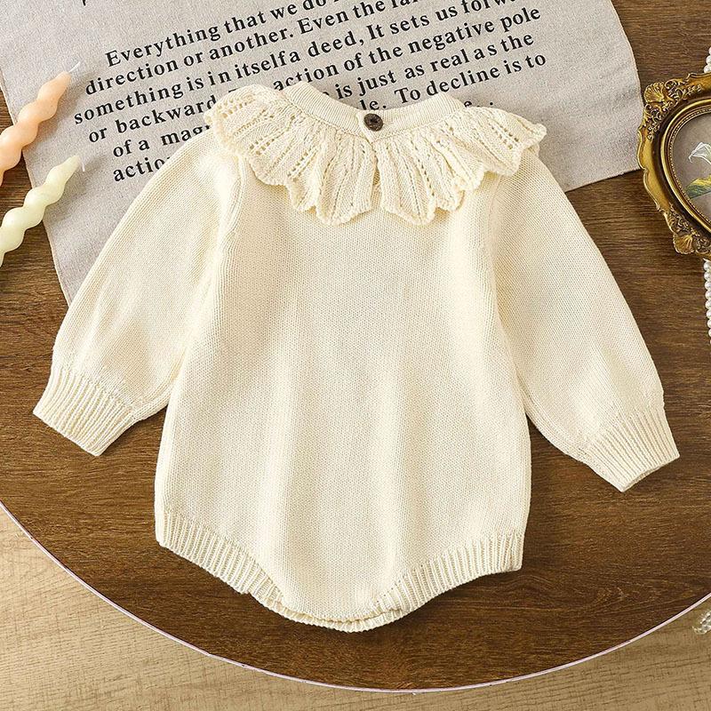 Newborn Spring and Autumn Baby Knitted Lotus Leaf Collar Long Sleeve Ha Clothes Female Baby Embroidered Bag Butt Clothes Jumpsuit Crawler Clothes
