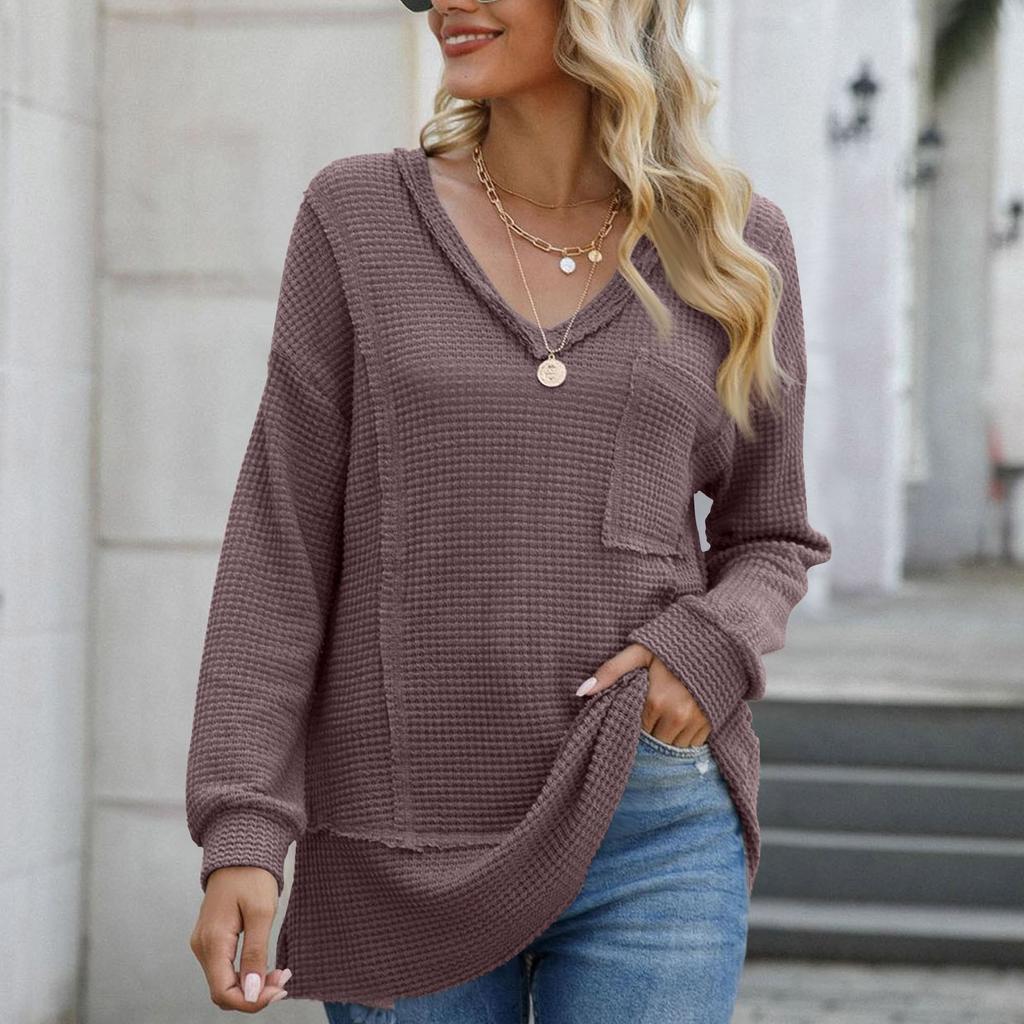 Женская мода V-образный вырез однотонный длинный рукав пуловер длинный рукав топ повседневный свободный топ