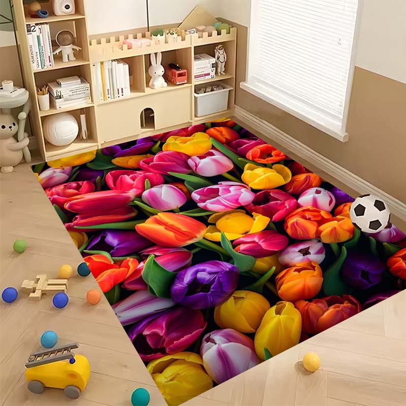 Luxurious vintage tulip floral pattern floor mat, non-slip, machine washable, suitable for living rooms, bedrooms, and home déco