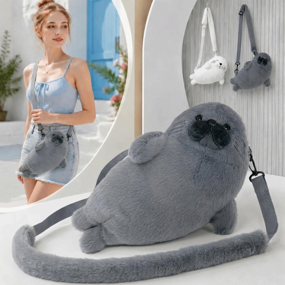 Soft Fluffy Cute Seal Shoulder Bag Lightweight Adjustable Straps Crossbody Bag Cartoon Fabric Handbag Women's Accessories