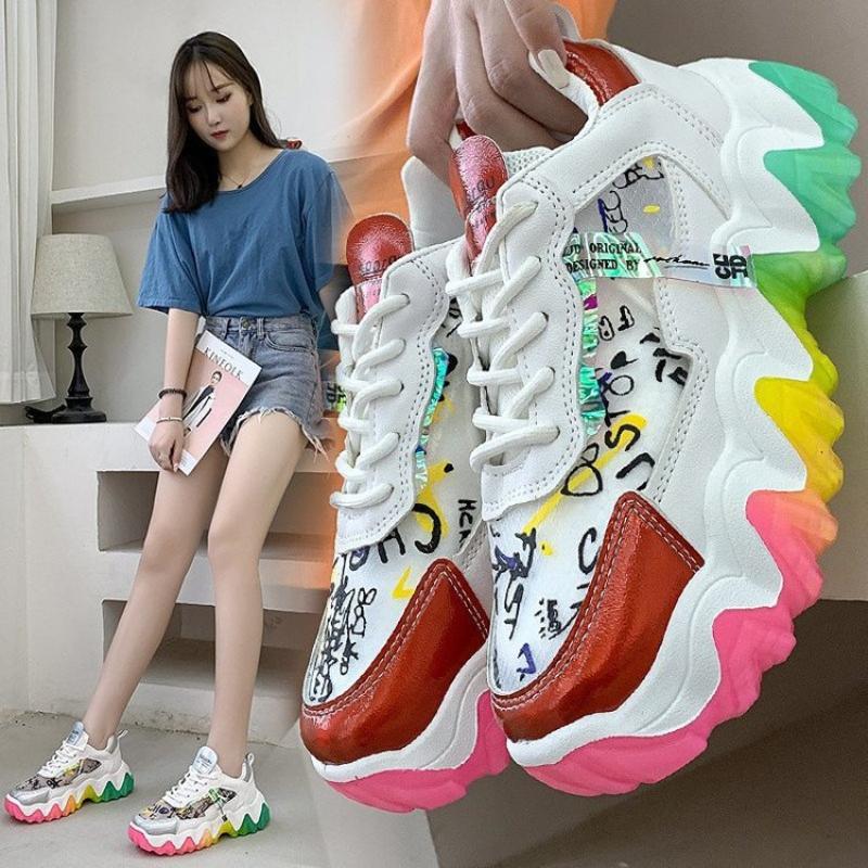 Fashion Rainbow Color Women Chunky Sneakers 7cm Lace-up Platform Casual Shoes Woman Vulcanize Shoes Designer Dad Sneakers