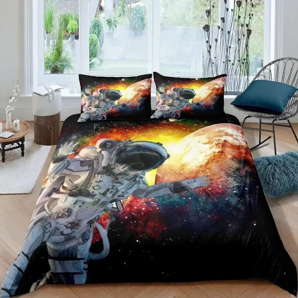Astronaut Duvet Cover Set Astronaut Playing Guitar Bedding Set Teen Boys Kids Galaxy Stars Outer Space Polyester Comforter Cover