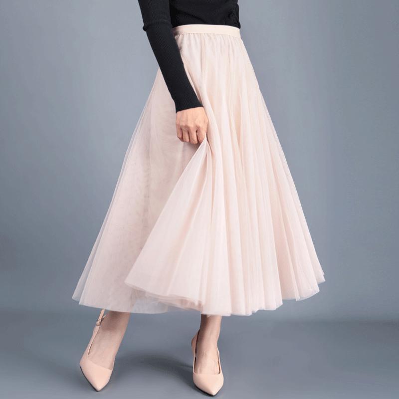 Весенне-осенняя женская юбка, пышная юбка длиной до щиколотки, тонкая юбка трапециевидной формы из сетчатой ​​пряжи с высокой талией и лямкой феи