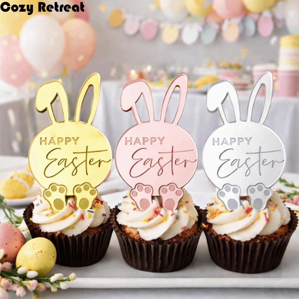 6pcs Cartoon Rabbit Cake Toppers Happy Easter Acrylic Bunny Pattern Tags Mirror Finish Easter Bunny Ornament Gift Tags