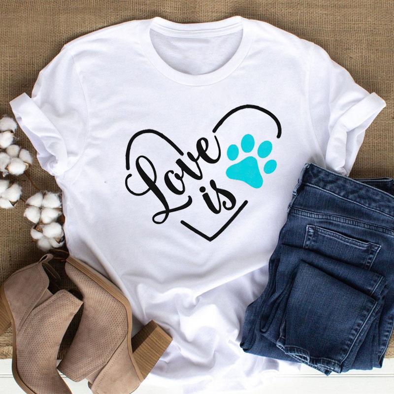 100% Polyester Women's Summer Casual Top with Cute Cat Dog Paw Print round Neck Short Sleeve T-shirt Fashion High Street Style gift