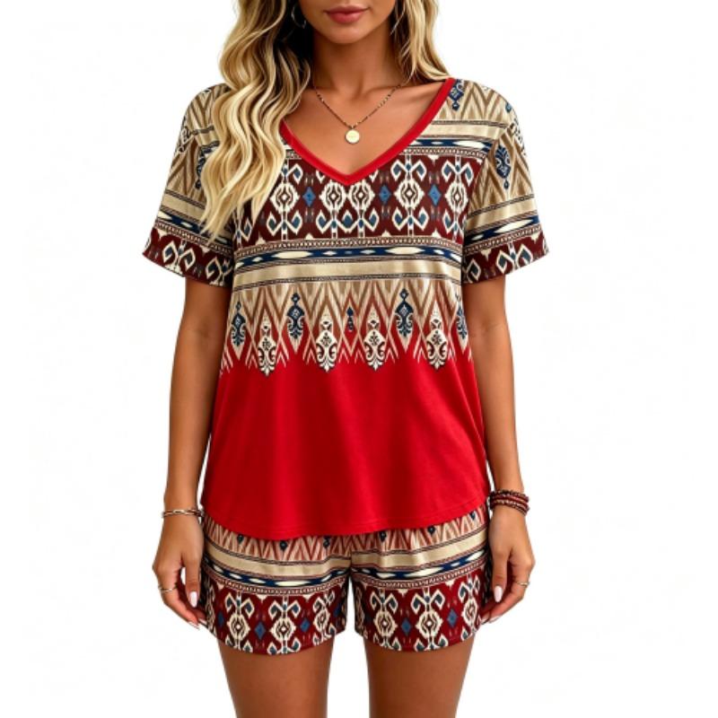 European and American Summer Fashion Ethnic Patterns Printed V Neck Short Sleeved T-Shirt And Shorts Set Women's and Men's T-shirt Shorts Set