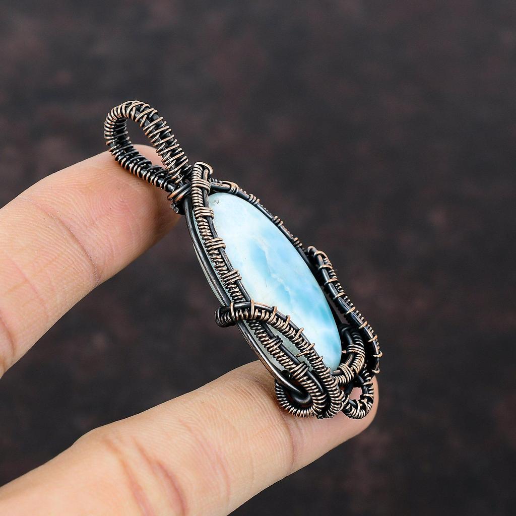 Подвеска из драгоценного камня Ларимар, обернутая медной проволокой, стильная подвеска, ручная работа, подвеска в стиле бохо, ларимар, украшения для подарка, обернутая медной проволокой