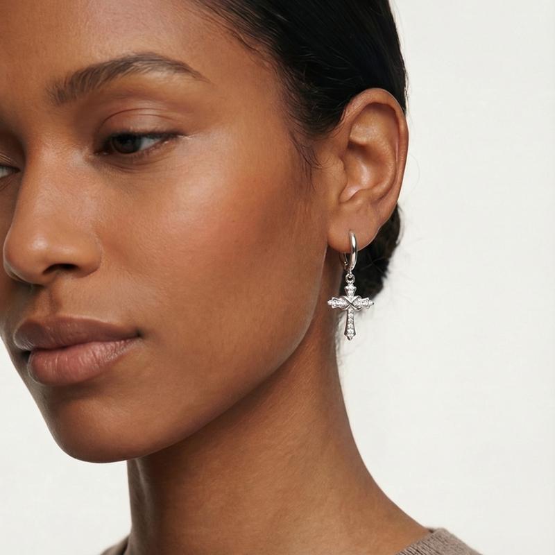925 Silver Classic Zircon Cross Pendant Hoop Earrings for Women Jewelry Gift