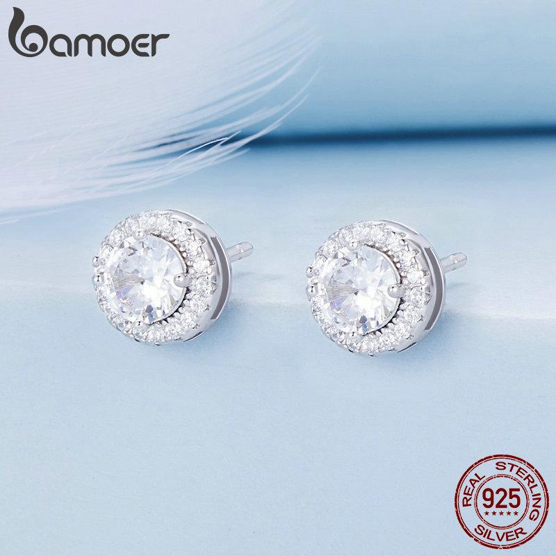 BAMOER Platinum Plated Halo CZ Stud Earrings 925 Sterling Silver Hypoallergenic Classic Elegant Earrings Fashion Jewellry