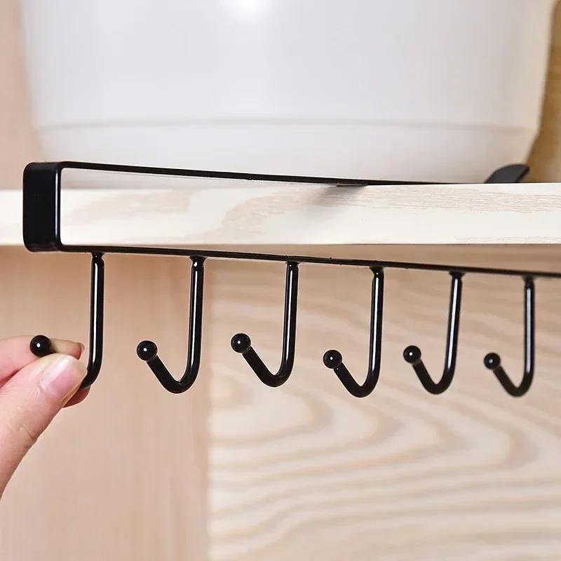 6 Hooks Multifu Cup Holder Hang Cabinet Under Shelf Rack Metal Household Kitchen Cupboard Cabinet Storage Organiser Hooks Racks