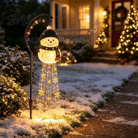 Automatic Charging Patio Lights Solar Powered Christmas Garden Light, Outdoor Metal Stake Snowman Bell Pendant Lamps Star Snowflake Waterfall