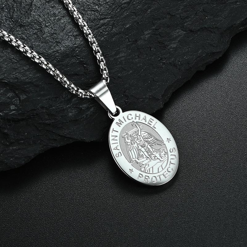 HNSP Stainless Steel Saint Michael Protectus Pendant Necklace For Men Retro Religious Angel Engraved Waterproof Neck Jewelry