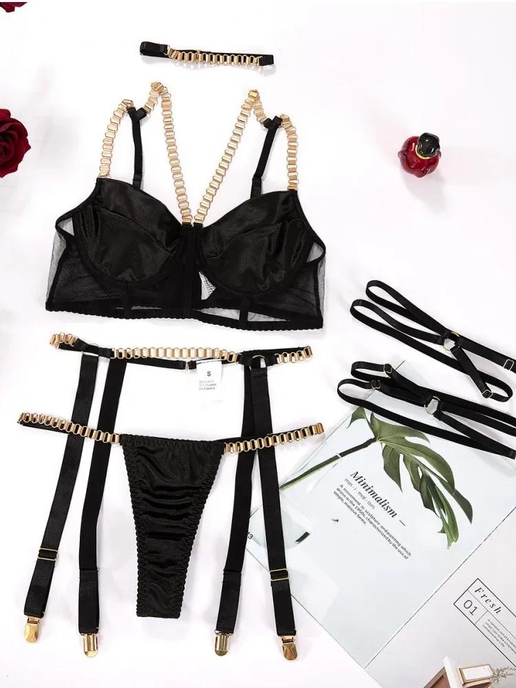 Porno Sexy Lingerie Set for Women Underwear Chain Straps Bra with Panties and Garter Leg Ring Sensual Sets Intimate Outfit