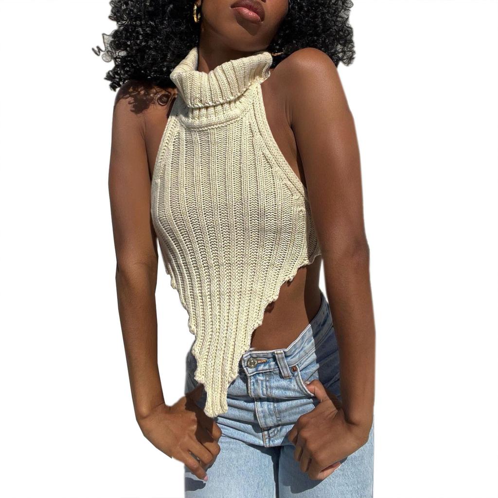 Women's High Neck Irregular Sexy Backless Woolen Knitted Vest Top