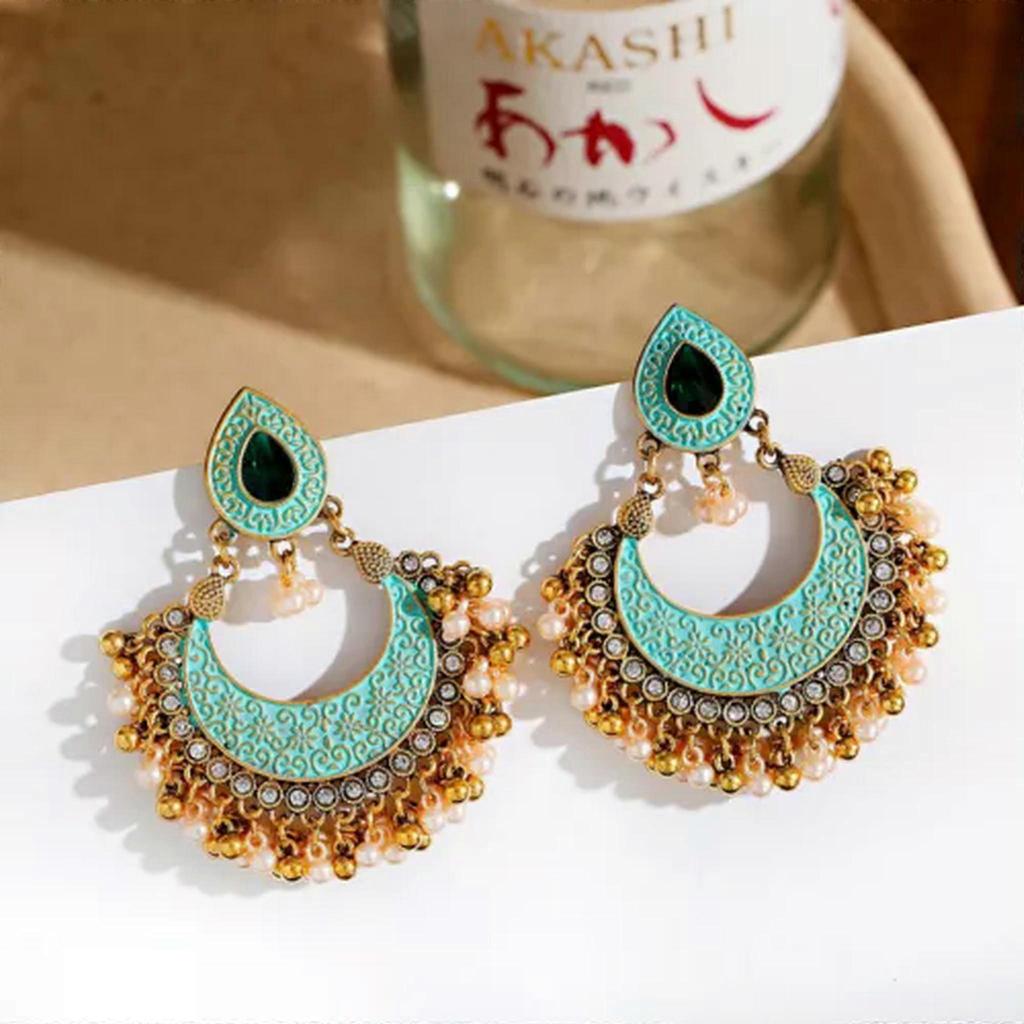 RSAMD Ethnic Retro Green Jhumka Earrings For Women Indian Jewelry Pearl Tassel Earring-Green